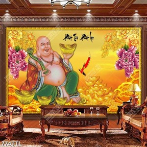 Tranh kim tiền Phật Di Lặc trên núi vàng decor tường