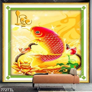 Tranh thư pháp chữ Lộc cá chép và hoa sen đẹp nhất