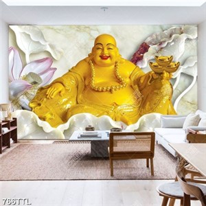 Tranh giả ngọc Phật Di Lặc và hoa sen trang trí phòng khách