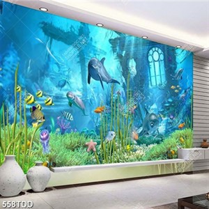 Tranh 3D ngôi đền cổ chìm đáy biển và cá heo