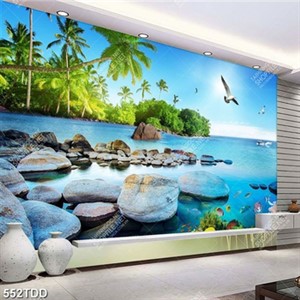 Tranh bãi sỏi và hòn đảo trên biển đẹp file psd