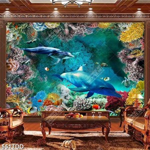 Tranh psd hang động và đôi cá heo xanh