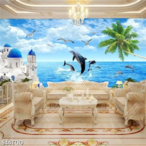 Tranh psd đàn cá heo nảy múa trên biển và lâu đài