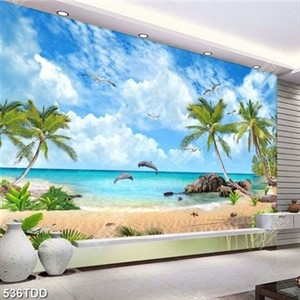 Tranh 3d hàng dừa trên biển và cá heo
