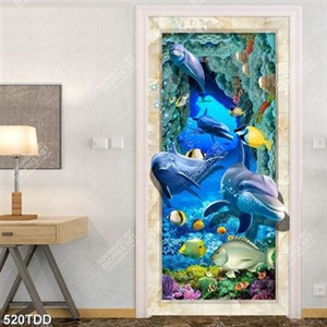 Tranh 3d khổ dọc cá heo và hang động