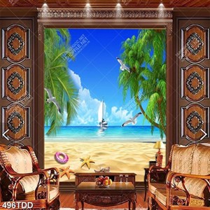 Tranh psd bãi biển và con tàu ngoài khơi xa