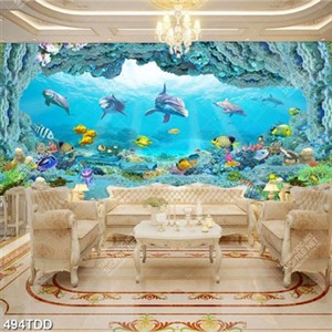 Tranh hang động dưới biển và đàn cá trang trí tường