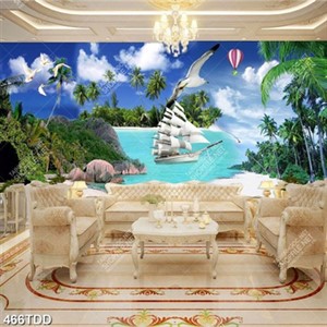 Tranh 3D con thuyền và hòn đảo xanh