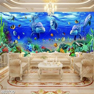 Tranh psd đàn cá heo và san hô biển