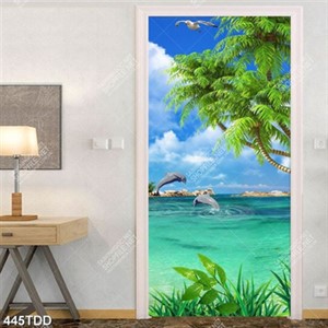 Tranh psd đôi cá heo và cây dừa trên biển đẹp