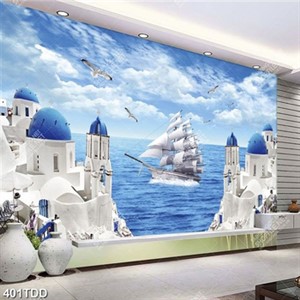 Tranh psd con thuyền trên biển và tòa lâu đài