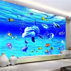 Tranh biển cá heo và đàn cá file psd