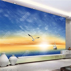 Tranh hoàng hôn trên biển và chim hải âu file psd