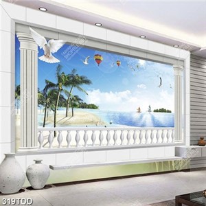 Tranh 3D hàng dừa trên bãi biển đẹp độc đáo