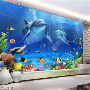 Tranh 3d cặp đôi cá heo dưới đáy đại dương xanh
