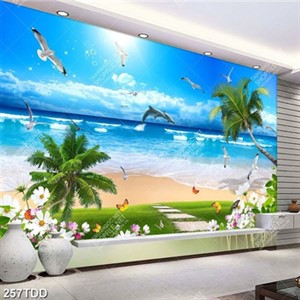 Tranh psd bãi biển và đàn cá heo độc đáo
