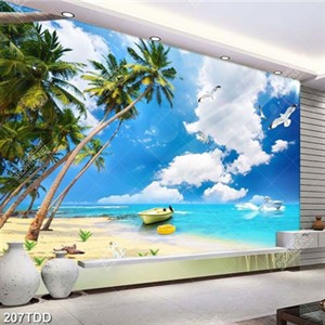 Tranh hàng dừa và con thuyền trên biển in uv đẹp