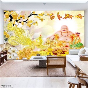 Tranh trang trí ngày tết Phật Di Lặc và hoa mai vàng