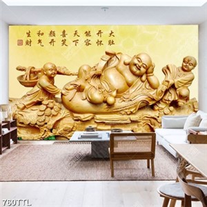 Tranh điêu khắc gỗ Phật Di Lặc và chú tiểu in uv