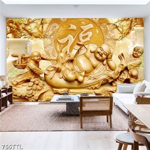 Tranh giả ngọc 3D Phật Di Lặc và các chú tiểu in uv