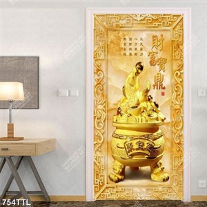 Tranh gắn tường cá chép ngậm vàng trên nền giả ngọc in uv