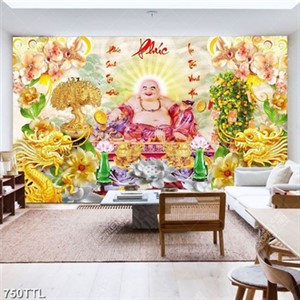 Tranh Phật Di Lặc và song rồng trên nền giả ngọc in uv