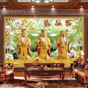 Tranh giả ngọc phúc lộc thọ và hoa mộc lan trên núi tiền vàng