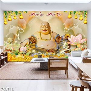 Tranh  Phật Di Lặc và hoa sen trên nền đá giả ngọc