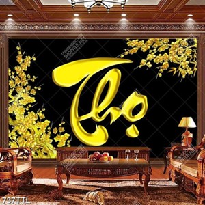 Tranh thư pháp chữ Thọ và hoa mai vàng