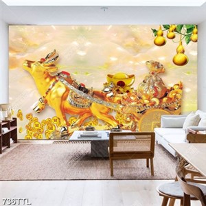 Tranh trâu vàng trên nền giả ngọc in kính
