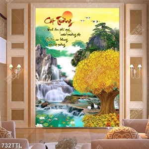 Tranh gắn tường khổ dọc thác nước và cây kim tiền in uv