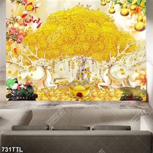 Tranh trang trí nội thất cây tiền vàng trên nền giả ngọc in uv