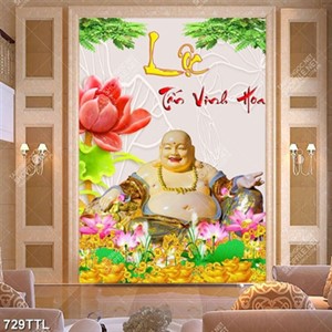 Tranh trang trí nội thất Phật Di Lặc và hoa sen in kính