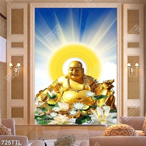 Tranh Phật Di Lặc và hoa sen trang trí phòng khách