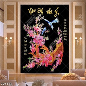 Tranh hoa đào đỏ vạn sự như ý