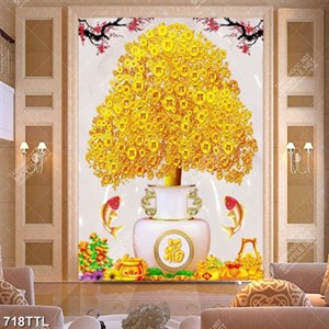 Tranh kim tiền cá chép và cây tiền vàng in uv