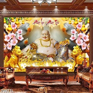 Tranh dán tường 3D Phật Di Lặc trên nền đá giả ngọc