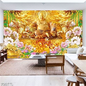 Tranh Phật Di Lặc và hoa sen 3D in kính