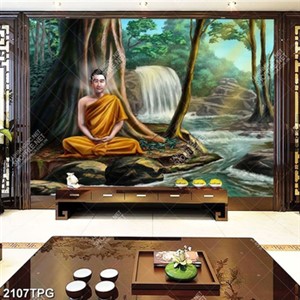 Tranh sơn dầu Phật Thích Ca và thác nước đẹp