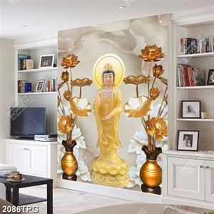 Tranh hoa Sen và Phật Quan Âm nền đá giả ngọc