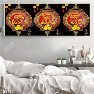 Tranh thư pháp phúc lộc thọ và hoa mai khổ ngang trang trí nội thất