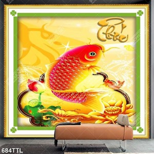 Tranh trang trí nội thất cá chép và hoa sen in uv