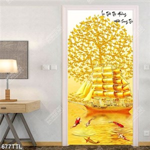 Tranh decor phòng khách cây kim tiền và thuyền vàng cá chép in uv
