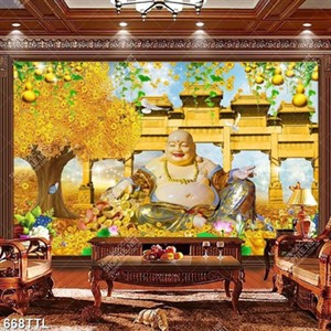 Tranh kim tiền Phật Di Lặc và hoa sen in kính