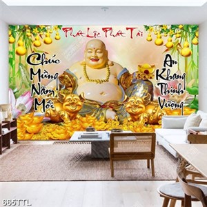 Tranh tài lộc trang trí tết Phật Di Lặc và heo vàng in kính