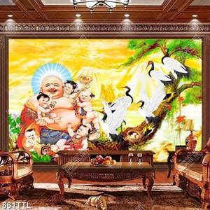 Tranh tài lộc Phật Di Lặc và các tiểu linh đồng bên chim hạc in uv