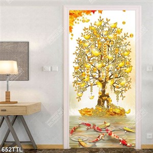 Tranh tài lộc cây kim tiền và cá chép khổ dọc trang trí tường