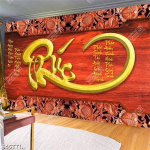 Tranh thư pháp chữ Phúc và hoa sen trang trí nội thất