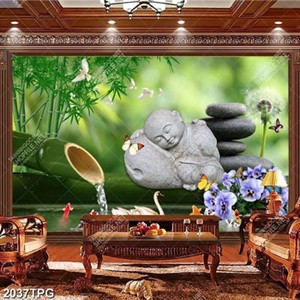 Tranh chú tiểu bằng đá nền tre đẹp