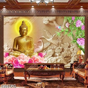 Tranh Phật mạ vàng nền phù điêu đá đẹp